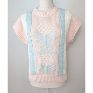 Vintage 80s Country Suburbans Womens Sweater Large Pastel Pink Floral Knit Cap